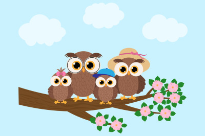 Family cute owls sitting on tree branch flowers cloud vector