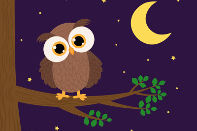 Cute owl sitting on a tree branch leaves night moon stars vector illus