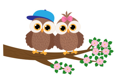 Cute owls boy and girl on a tree branch vector illustration