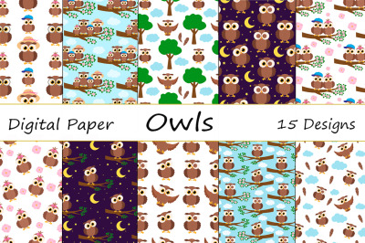 Set Seamless patterns cute owl vector illustration