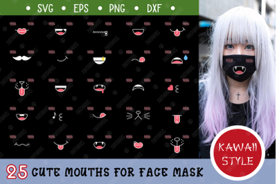 25 Cute mouths for Black Medical Face Mask. SVG Kawaii Style.