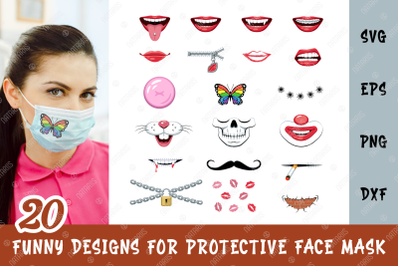 SVG Bundle. 20 Funny designs for protective face mask..