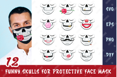 SVG Bundle. 12 Funny skulls for protective face mask.