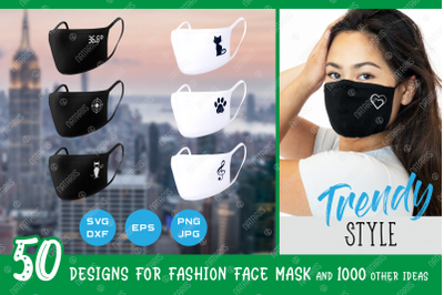 SVG Bundle. 50 Trendy designs for protective face mask.