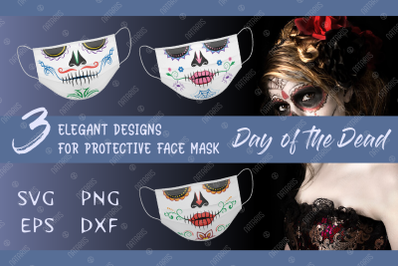 SVG Bundle. 3 Elegant Sugar skulls designs for face mask.