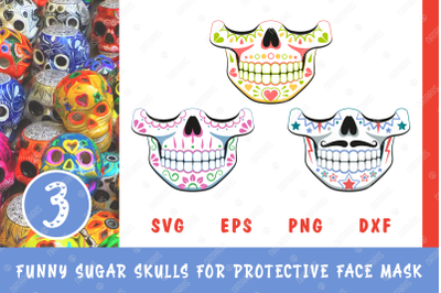 SVG Bundle. 3 Funny Sugar skulls designs for face mask.