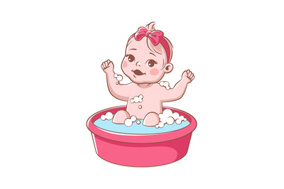 Baby girl bathes. Cute infant in bathtub, smiling toddler with pink ri