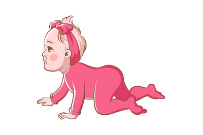 Baby girl crawling. Cute infant character in pink clothes and ribbon l