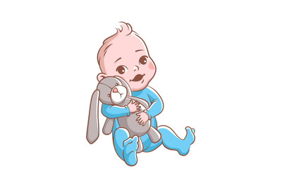 Baby boy. Cute infant hugging rabbit toy, smiling toddler in blue clot