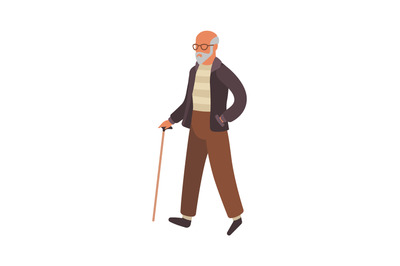 Elderly man walking. Old senior in glasses with stick walks in park, h