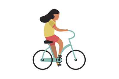 Girl riding bicycle. Simple character cyclist teenager rides on bike.