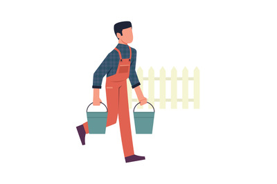 Man in garden. Male character with buckets on farm, backyard gardening