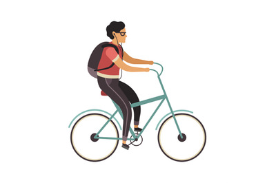 Man riding bicycle. Simple character cyclist guy rides on bike. Outdoo