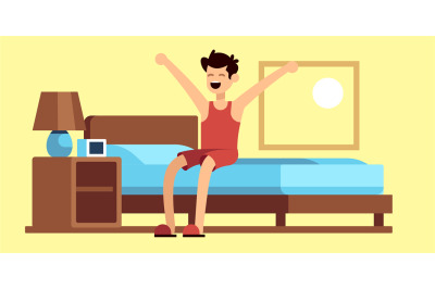 Man waking up. Male character getting out of bed in morning, indoors b