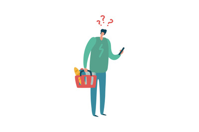 Man shopping. Male character with question mark above head hold colorf