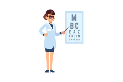 Oculist. Doctor cartoon character stands in glasses and white medical