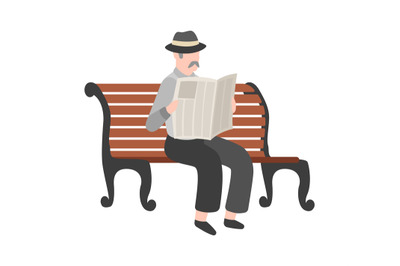 Old men reading newspaper outdoor, grandfather with mustache in hat si