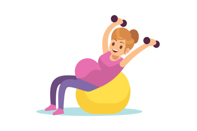 Pregnant woman doing exercises. Female fitness with fitball and dumbbe