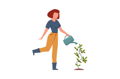 Woman watering plants in garden. Female character with watering can ou