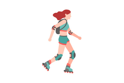 Woman on roller skates. Simple young character teenager skates using r