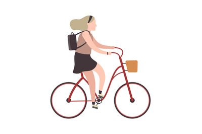 Woman riding on bicycle. Simple character cyclist girl rides on bike.