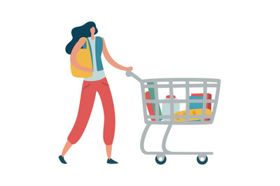 Woman shopper with shopping cart. Modern female character with trolley