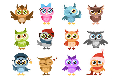 Cute owls. Colorful friendly owl&2C; birthday kids shower stickers. Funny