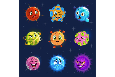 Emoji planets. Cute colorful planets stickers&2C; kids astronomy comics o