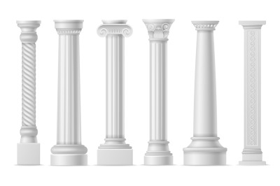 Antique white columns. Roman historical stone pillars, marble pillar a