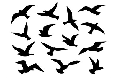 Bird silhouettes. Flying birds flock&2C; black drawing flight raven tatto