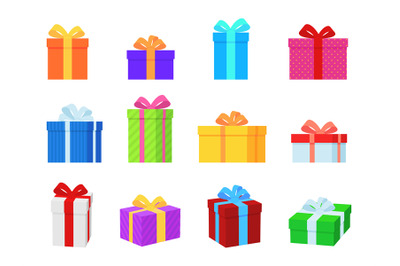 Gift box. Colorful present boxes with bright ribbons and bows, modern