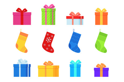 Gifts and christmas socks. Various traditional colorful stockings and