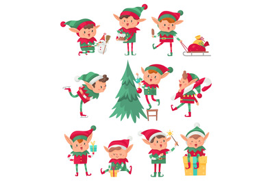 Christmas elf. Santa Claus cute fantasy helpers, adorable elves with h