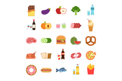 Flat food. Hamburger and bread, pizza and fruits, drinks. Vegetables,