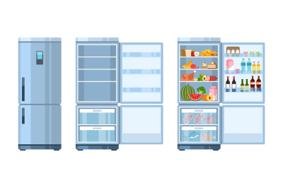 Fridge. Closed and open refrigerator with products, healthy food, wate