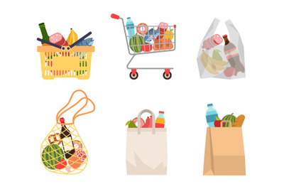 Shopping bags with foods. Grocery purchases, paper packages, plastic b