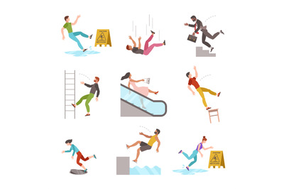 Falling people. Fall down stairs, slipping wet staircase or floor, stu