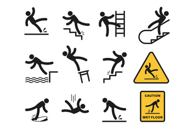 Falling people. Simple silhouette people injury slipping on wet floor,