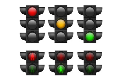 Realistic traffic light. Led lights red, yellow and green, crosswalk s