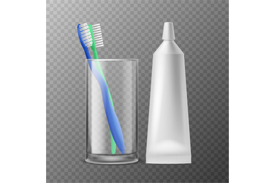 Toothbrush in glass. Dental morning hygiene, toothbrushes with tube pa