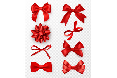 Decorative bows. Realistic red silk ribbons with bow festive decor sat