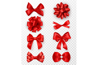 Red gift bows. Realistic silk ribbons with bow, festive decorative sat