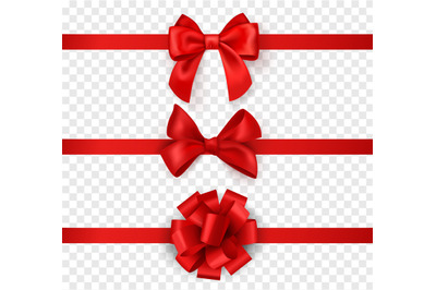 Gift bows with ribbons. Horizontal silk red ribbon with decorative bow