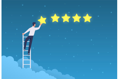 Customer rating. Businessman stands on ladder and gives five stars ran