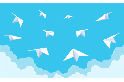 Paper planes in blue sky. White origami airplanes flying in clouds&2C; ne