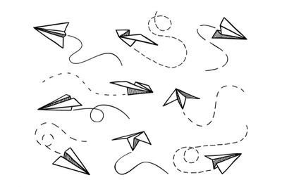 Paper airplane. Flying planes from different angles&2C; contour airplanes