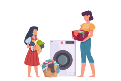 Family in laundry. Mother and daughter loading dresses in washing mach