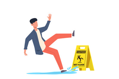 Wet floor. Falling man slips in water, slipping and downfall, injured