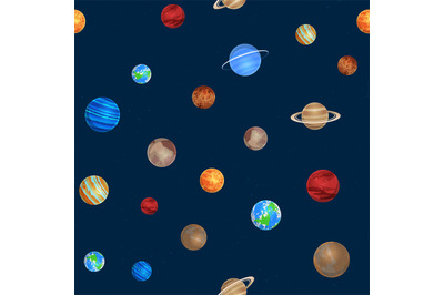 Solar system seamless pattern. Different colorful planets on space bac