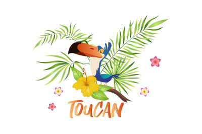 Cute toucan cartoon. Bird with tropical branch and leaves, colorful ch